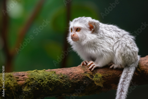 Rare little rainforest monkey with silvery white fur lying on a branch with blurred green background. © imlane