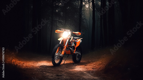 Full Camera Shot of Orange KTM 450 EXC-F in a Sunset Field, Generative AI photo