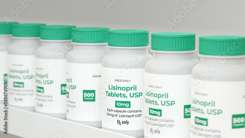 Lisinopril oral tablet bottles on pharmacy shelf. High blood pressure treatment medication. 3d illustration... photo