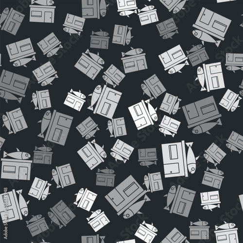 Grey Seafood store icon isolated seamless pattern on black background. Facade of seafood market. Vector.