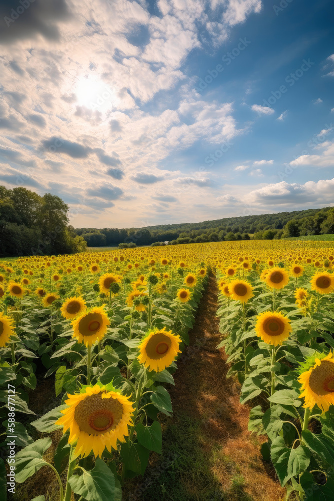 Fototapeta premium Sunflower field, agricultural landscape. Generative AI