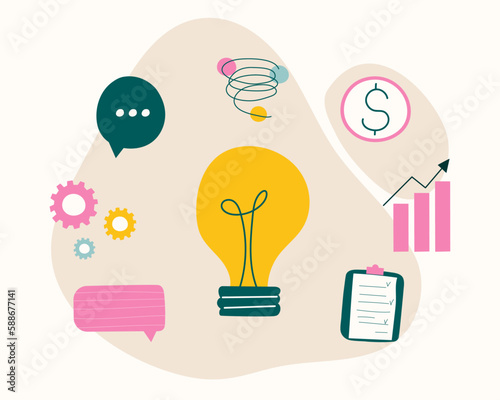 The concept of finding business ideas. Individual hand drawn illustrations on the topic of new ideas and reflections. Creativity and inspiration in a modern style. Light bulb, puzzle, gears, money