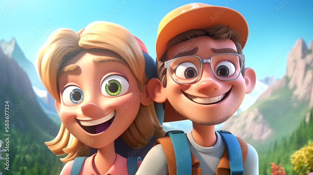 Fototapeta premium Happy cartoon couple in the mountains