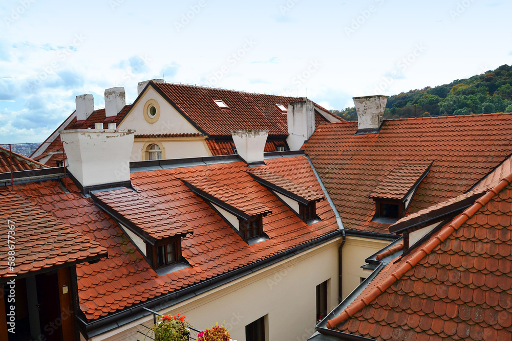 Red roofs of old Prague. Panoramic view. Autumn season in Vyšehrad, Czech Republic
