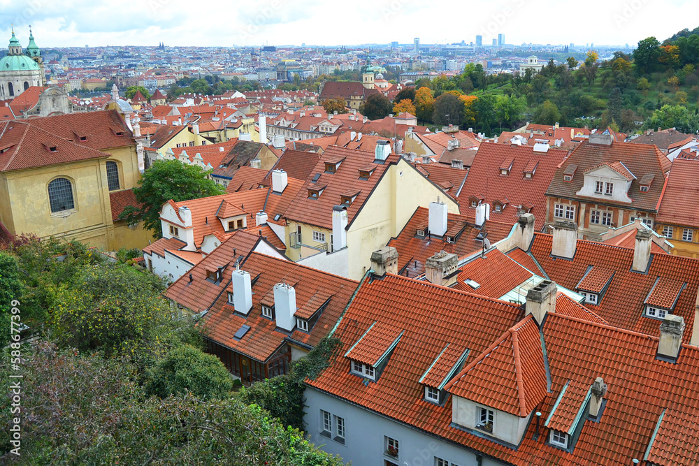 Red roofs of old Prague. Panoramic view. Autumn season in Vyšehrad, Czech Republic Red roofs of old Prague. Panoramic view. Autumn season in Vyšehrad, Czech Republic