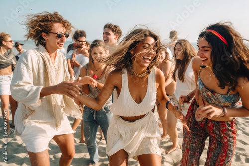 People having party at beach. Generative AI