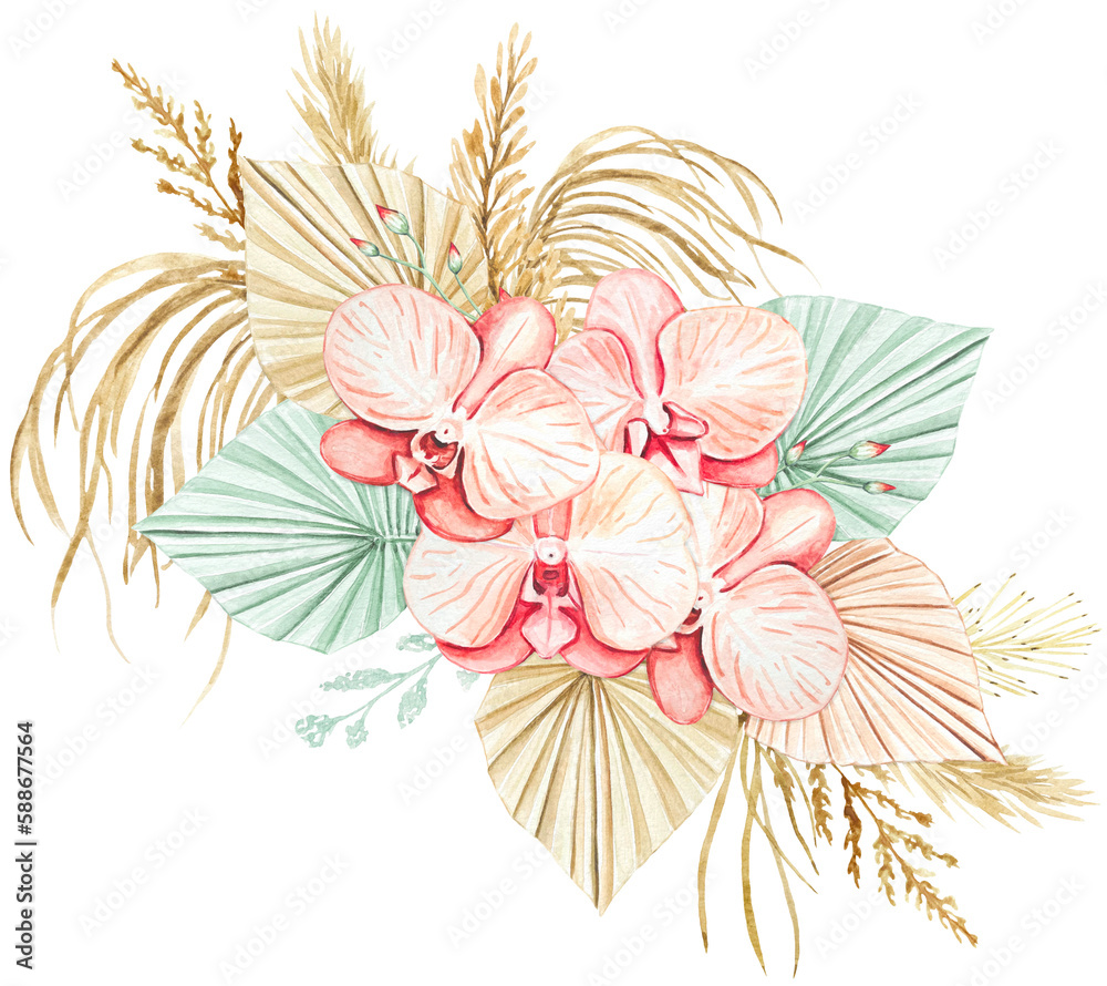 Obraz premium Orchid flowers, dried flowers. Hand drawn watercolor boho bouquet