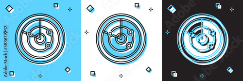 Set Radar with targets on monitor in searching icon isolated on blue and white, black background. Search system. Navy sonar. Vector