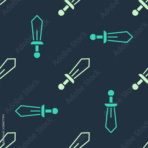 Green and beige Sword toy icon isolated seamless pattern on blue background. Vector