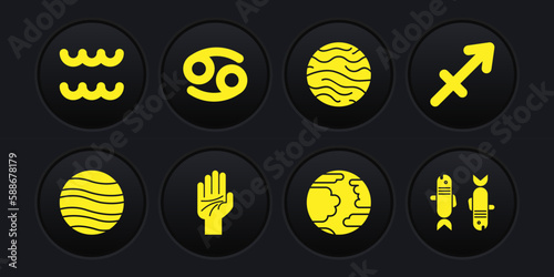 Set Planet Jupiter, Sagittarius zodiac, Palmistry of the hand, Mercury, Venus, Cancer, Pisces and Aquarius icon. Vector