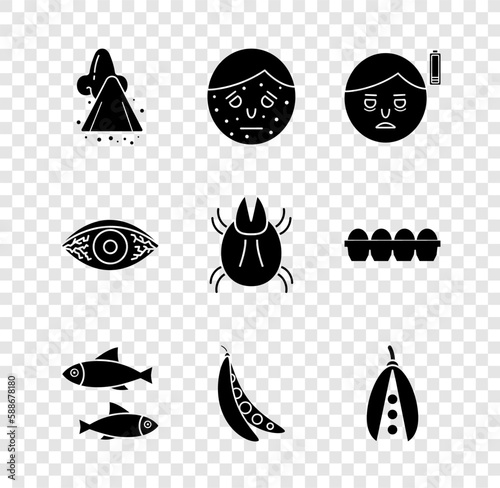 Set Runny nose, Face with psoriasis or eczema, Fatigue, Fish, Kidney beans, Reddish eye allergic conjunctivitis and Parasite mite icon. Vector