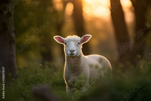 Closeup of a cute lamb standing in a woodland country setting