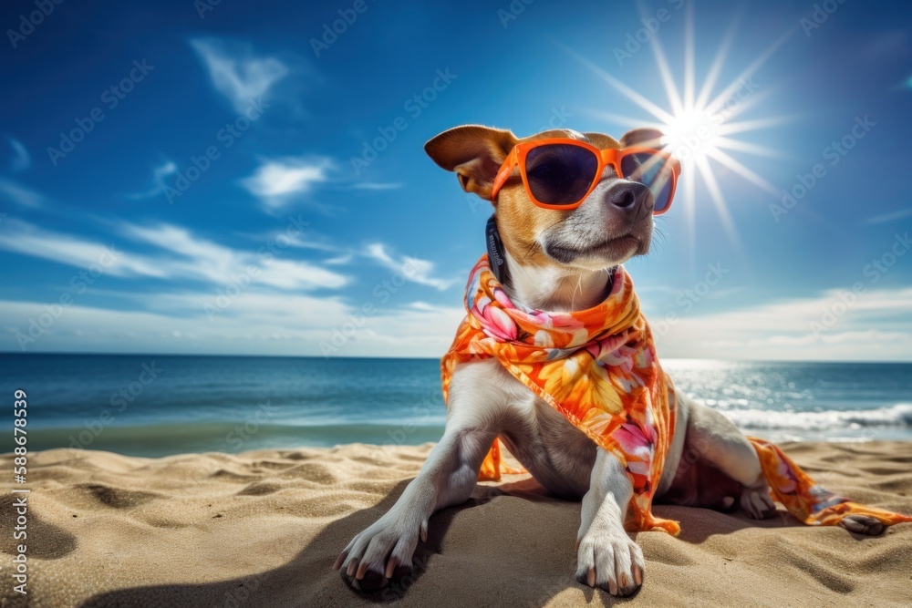 Playful Dog Lounging at the Beach in Sunglasses and Hawaiian Shirt