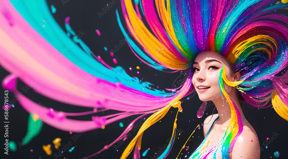 Girl with rainbow hair, paint, ink, flowing, happy and beautiful