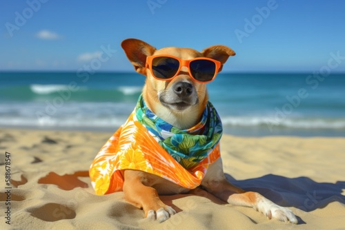 Playful Dog Lounging at the Beach in Sunglasses and Hawaiian Shirt © Georg Lösch