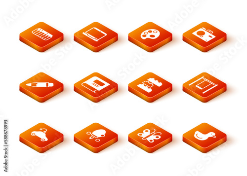 Set Radio controlled car toy, Racket, Pencil with eraser, Book, Butterfly, Toy building block bricks, Rubber duck and Swing icon. Vector