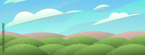 Lands with meadows. Landscape green summer. View of nature relief. Thickets of grass for pastures and farms. Cartoon fun style. Flat design. Vector