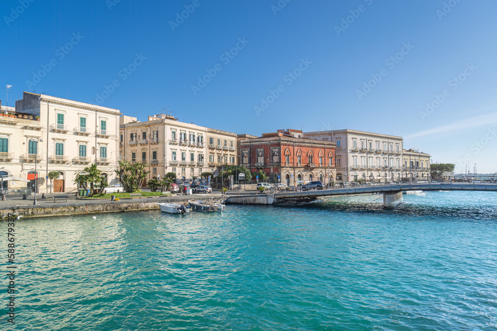 The harbour and Ponte Santa Lucia joining Syracuse and Ortigia Island in Sicily
