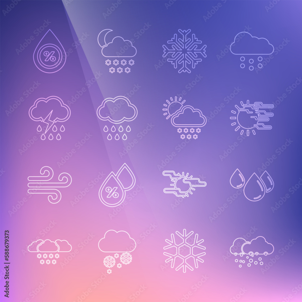 Set line Cloud with snow, Water drop, Fog and sun, Snowflake, rain, lightning, percentage and icon. Vector