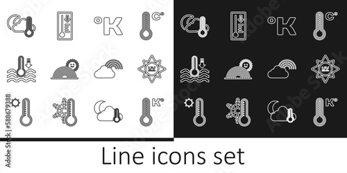 Set line Meteorology thermometer, UV protection, Kelvin, Rainbow with sun, Water, Thermometer and cloud, moon, and icon. Vector