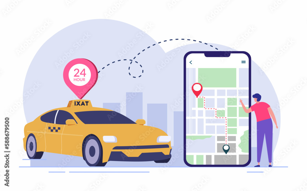 customer booking a cab on smartphone with map. Taxi app on the screen. Taxi service concept.