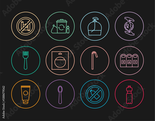 Set line Bottle of water, Trash in garbage cans sorted, liquid soap, Battery pack, Disposable plastic fork, Say no to bags poster, Drinking straw and Recycle bin with recycle icon. Vector