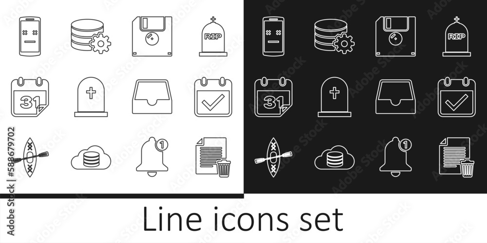 Set line Delete file document, Calendar with check mark, Floppy disk, Tombstone cross, Dead mobile, Social media inbox and Setting database server icon. Vector Set line Delete file document, Calendar with check mark, Floppy disk, Tombstone cross, Dead mobile, Social media inbox and Setting database server icon. Vector