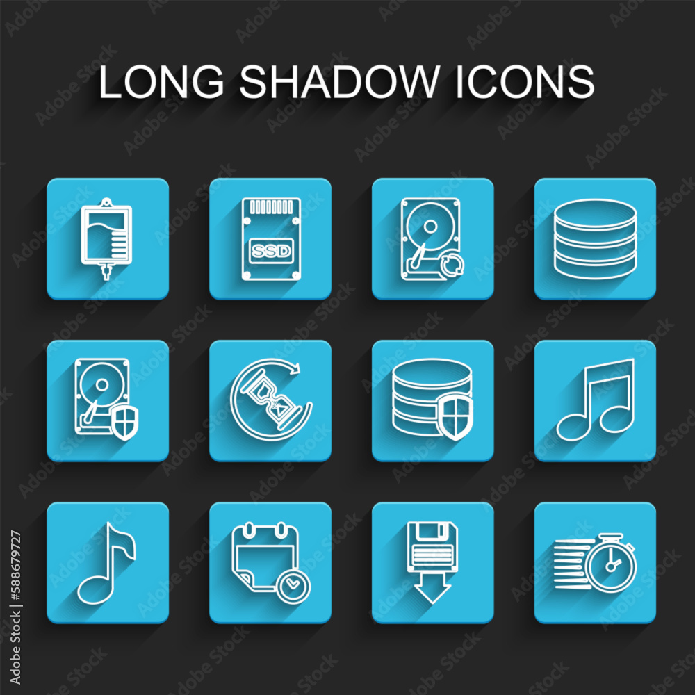 Set line Music note, tone, Calendar and clock, IV bag, Floppy disk backup, Stopwatch, Waiting, and Database protection icon. Vector Set line Music note, tone, Calendar and clock, IV bag, Floppy disk backup, Stopwatch, Waiting, and Database protection icon. Vector