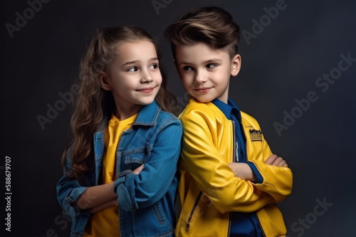 Cute brother and sister look one to each other. Smile, studio, casual clothers yellow and blue, isolated at solid color background