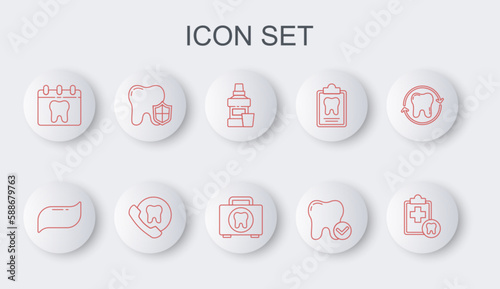 Set line Dental card, Toothpaste, Mouthwash bottle, whitening concept, Calendar with tooth, protection, Online dental care and First aid kit icon. Vector