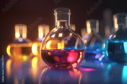Colorful 3D illustration of the esterification process in a glass flask