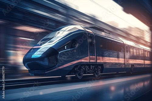 A futuristic looking train that moves through the urban landscape in elegant shades of blue with a touch of red, Generative AI