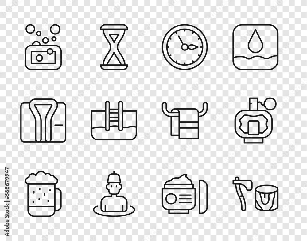 Set line Wooden beer mug, axe in stump, Sauna clock, Man the sauna, Bar of soap, Swimming pool with ladder, Cream or lotion cosmetic tube and Aftershave icon. Vector Set line Wooden beer mug, axe in stump, Sauna clock, Man the sauna, Bar of soap, Swimming pool with ladder, Cream or lotion cosmetic tube and Aftershave icon. Vector