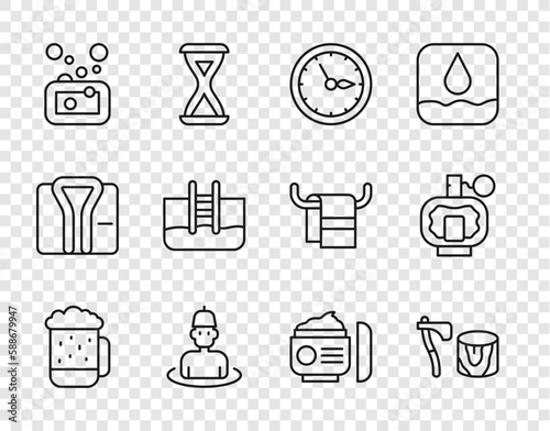 Set line Wooden beer mug, axe in stump, Sauna clock, Man the sauna, Bar of soap, Swimming pool with ladder, Cream or lotion cosmetic tube and Aftershave icon. Vector