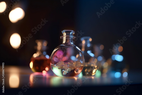 Colorful 3D illustration of the esterification process in a glass flask photo