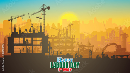 Construction vector background, Worker in a building site, Labour day background.