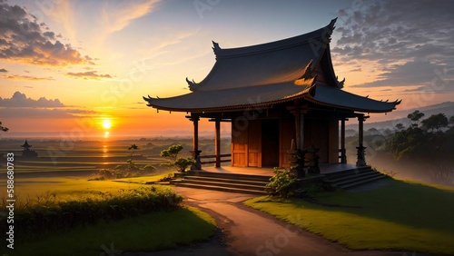 Landscape of pagoda and rice field at sunset in the morning