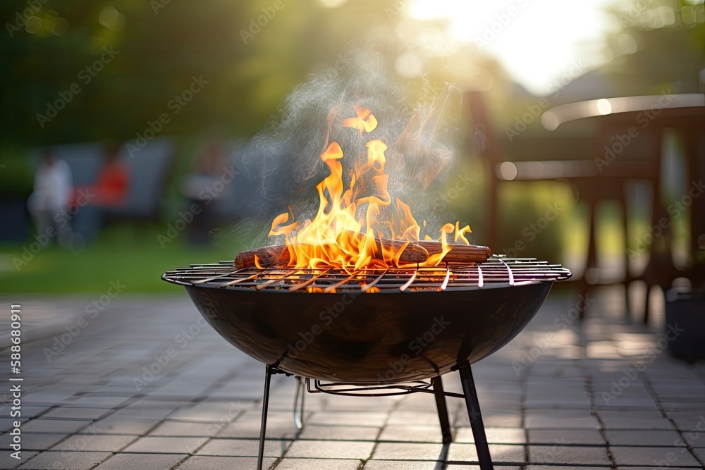 Brazier with a fire on the street, barbecue area. Summer rest. Generative AI Brazier with a fire on the street, barbecue area. Summer rest. Generative AI