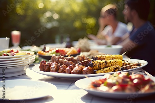 Picnic in nature, grilled food on the table. Generative AI