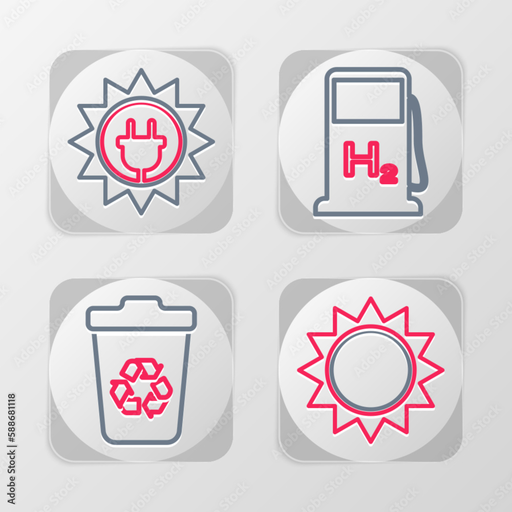 Set line Sun, Recycle bin with recycle, Hydrogen filling station and Solar energy panel icon. Vector Set line Sun, Recycle bin with recycle, Hydrogen filling station and Solar energy panel icon. Vector