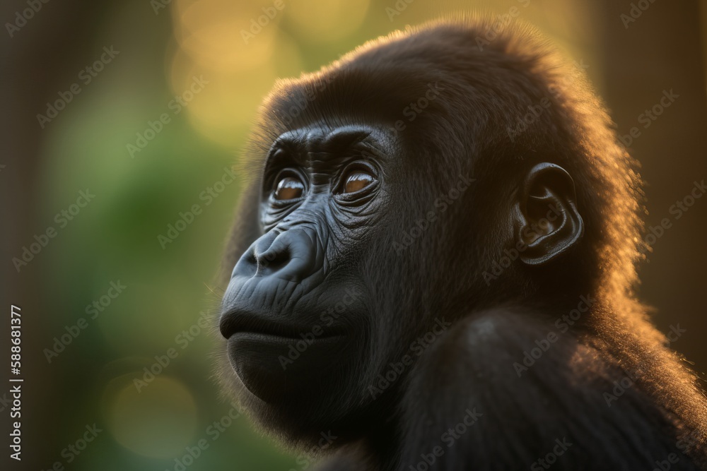 Portrait of a baby juvenile Gorilla. Adorable young ape