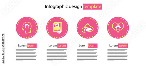 Set line Hanging sign with Open house, House heart shape, contract and Man dreaming about buying icon. Vector