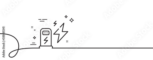 Charging station line icon. Continuous one line with curl. Car charge place sign. Electric power symbol. Charging station single outline ribbon. Loop curve pattern. Vector