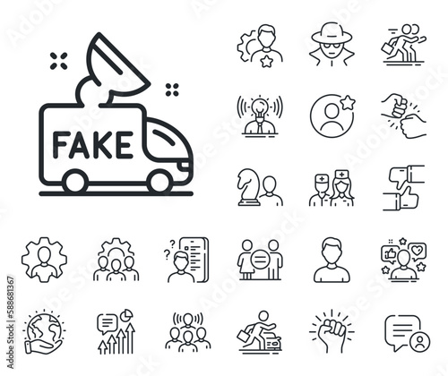 Propaganda truck sign. Specialist  doctor and job competition outline icons. Fake news line icon. Wrong truth symbol. Fake news line sign. Avatar placeholder  spy headshot icon. Strike leader. Vector