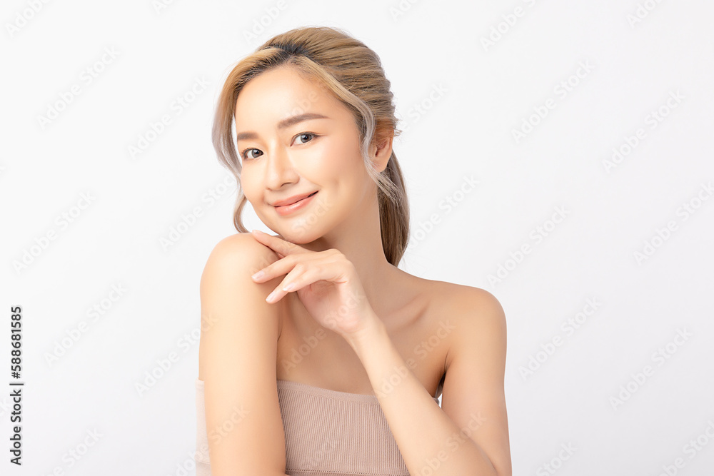 Happy beautiful young asian woman clean fresh bare skin concept. Asian girl beauty face skincare and health wellness, Facial treatment, Perfect skin, Natural make up. Isolated on white background. Happy beautiful young asian woman clean fresh bare skin concept. Asian girl beauty face skincare and health wellness, Facial treatment, Perfect skin, Natural make up. Isolated on white background.