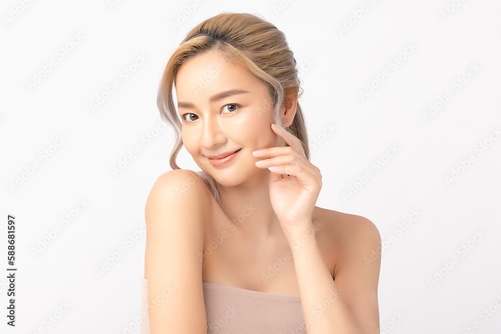 Happy beautiful young asian woman clean fresh bare skin concept. Asian girl beauty face skincare and health wellness, Facial treatment, Perfect skin, Natural make up. Isolated on white background. Happy beautiful young asian woman clean fresh bare skin concept. Asian girl beauty face skincare and health wellness, Facial treatment, Perfect skin, Natural make up. Isolated on white background.