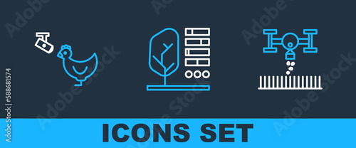 Set line Smart farm with drone, Chicken and camera and Plant status icon. Vector