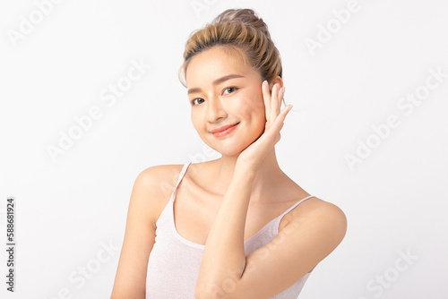 Happy beautiful young asian woman clean fresh bare skin concept. Asian girl beauty face skincare and health wellness, Facial treatment, Perfect skin, Natural make up. Isolated on white background.