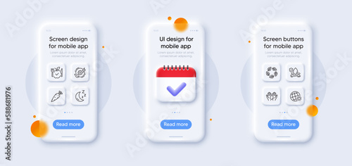 Vegetarian food, Green energy and Organic tested line icons pack. 3d phone mockups with calendar. Glass smartphone screen. Flood insurance, Safe water, Carrot web icon. Vector