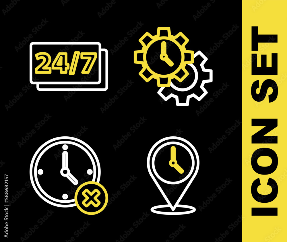 Set line Time Management, Location with clock, Clock delete and 24 hours icon. Vector Set line Time Management, Location with clock, Clock delete and 24 hours icon. Vector